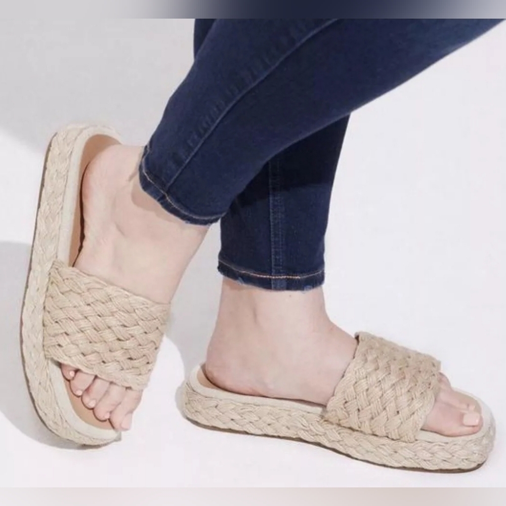 Torrid Jute Raffia Woven Platform Slides Tan Size 10 WW Wide